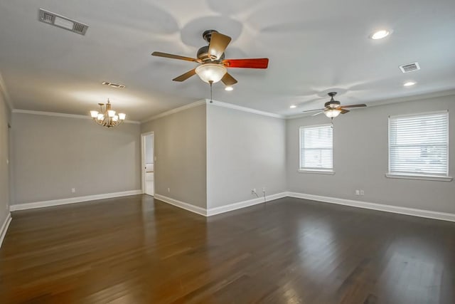 empty room with dark hardwood / wood-style flooring, ceiling fan with notable chandelier, and ornamental molding