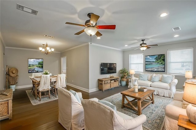 living room featuring crown molding, ceiling fan with notable chandelier, and dark hardwood / wood-style flooring