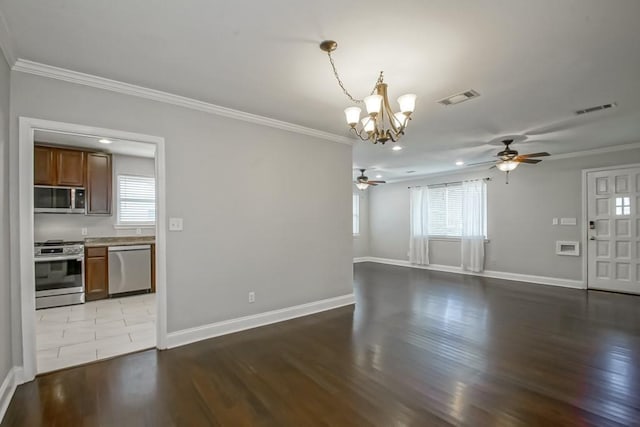 unfurnished living room with hardwood / wood-style floors, crown molding, and ceiling fan with notable chandelier