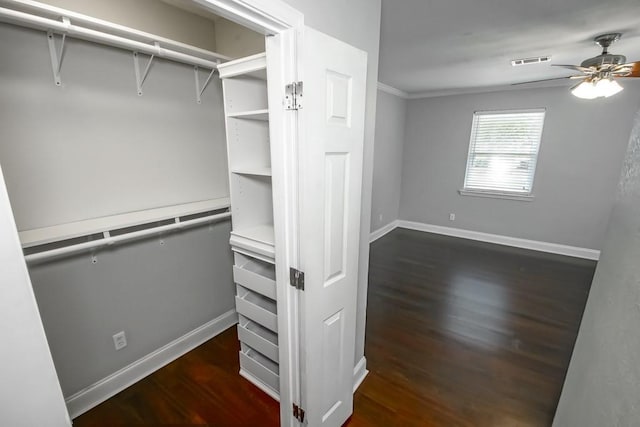 walk in closet featuring dark wood-type flooring and ceiling fan