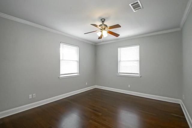 unfurnished room with dark hardwood / wood-style flooring, crown molding, and ceiling fan