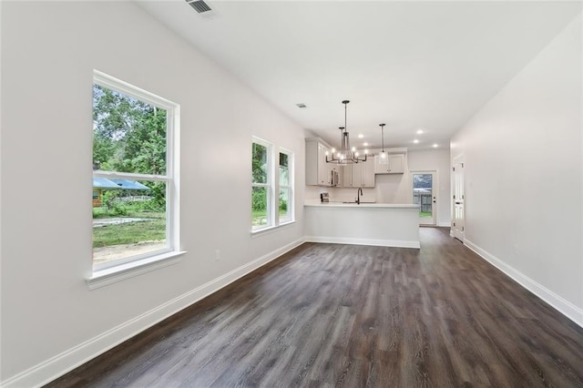 unfurnished living room with dark wood-type flooring, sink, and a notable chandelier