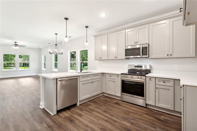 kitchen featuring kitchen peninsula, appliances with stainless steel finishes, hanging light fixtures, ceiling fan with notable chandelier, and sink