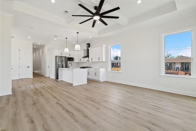3124 Utah St, Kenner, LA 70065 - unfurnished living room with ornamental molding, coffered ceiling, ceiling fan, recessed lighting, and light wood-style floors