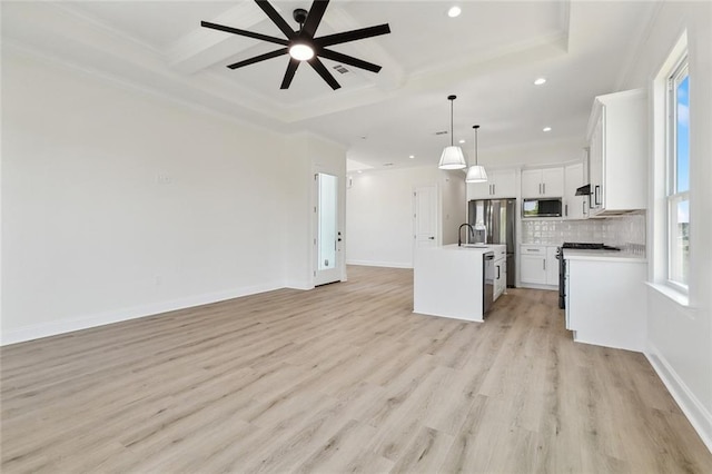 3124 Utah St, Kenner, LA 70065 - unfurnished living room with recessed lighting, light wood-style flooring, beam ceiling, a ceiling fan, and coffered ceiling