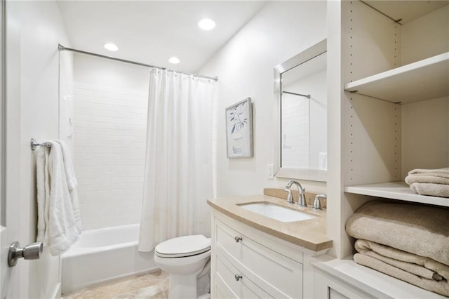 full bathroom featuring vanity, shower / bath combination with curtain, and toilet