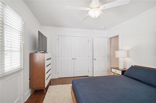 bedroom with ceiling fan, a closet, and dark hardwood / wood-style floors