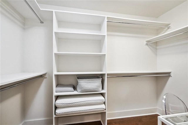 spacious closet with dark hardwood / wood-style flooring