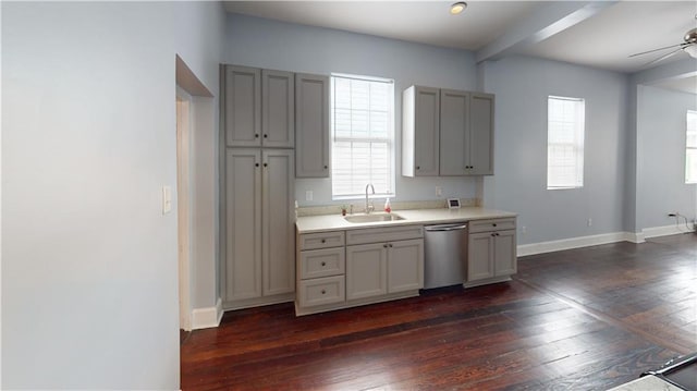 kitchen with dark hardwood / wood-style floors, dishwasher, sink, and gray cabinetry