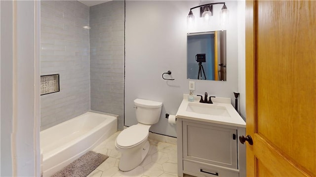 bathroom with tile patterned floors, shower / bath combination, toilet, and vanity