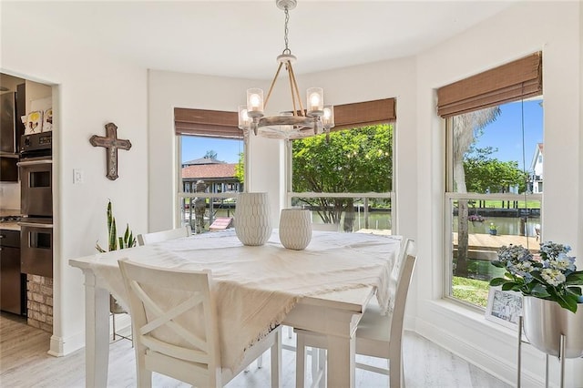 dining area featuring a wealth of natural light, a water view, and light wood finished floors