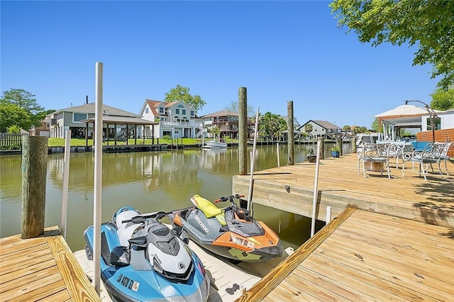 view of dock featuring a water view and a residential view