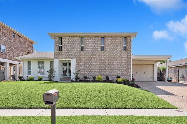 view of front facade featuring an attached garage, brick siding, fence, concrete driveway, and a front yard