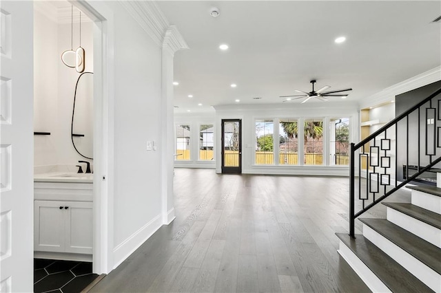 interior space with ornamental molding, dark wood-type flooring, and sink