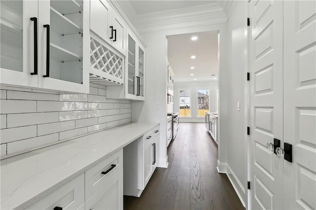 interior space with backsplash, light stone counters, dark hardwood / wood-style flooring, and white cabinets