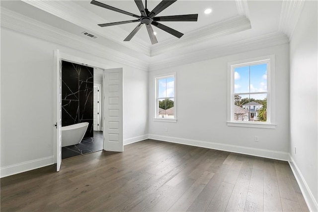 unfurnished bedroom with dark hardwood / wood-style floors, a raised ceiling, ceiling fan, and ornamental molding