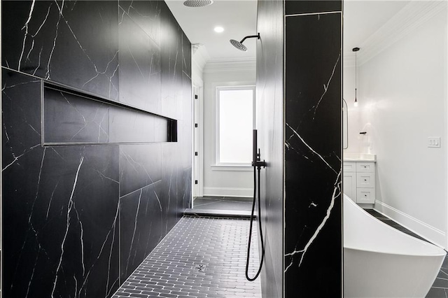 bathroom featuring vanity, walk in shower, and crown molding