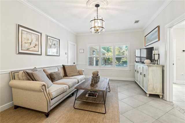 tiled living room featuring crown molding and an inviting chandelier