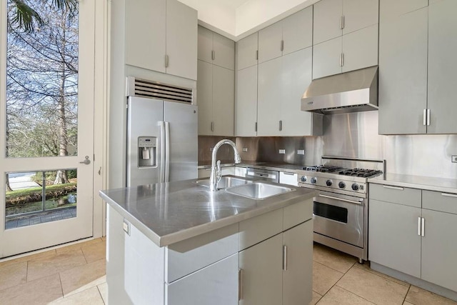 kitchen with backsplash, sink, light tile patterned floors, high quality appliances, and an island with sink