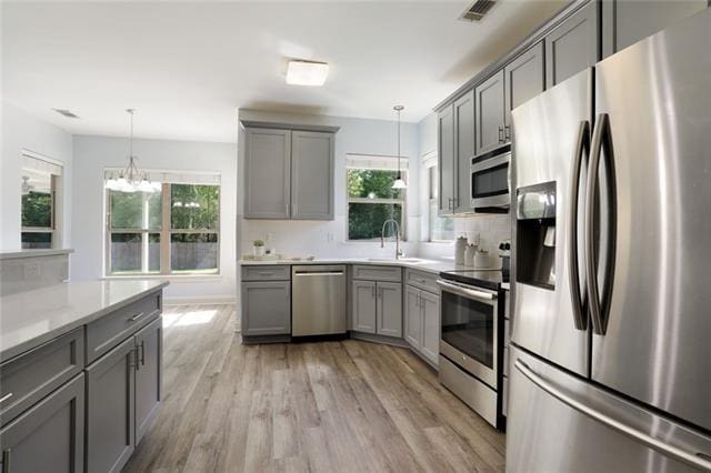 kitchen with stainless steel appliances, gray cabinets, visible vents, and a sink