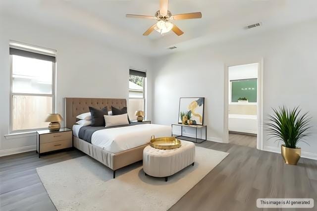 bedroom featuring connected bathroom, wood finished floors, a ceiling fan, visible vents, and baseboards