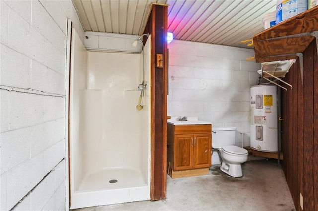 bathroom with vanity, a shower, electric water heater, toilet, and concrete flooring