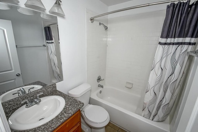 full bathroom with toilet, shower / bath combination with curtain, and vanity