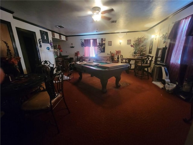 rec room featuring carpet flooring, ceiling fan, crown molding, and billiards