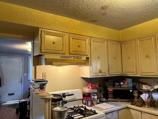 kitchen with stove and a textured ceiling