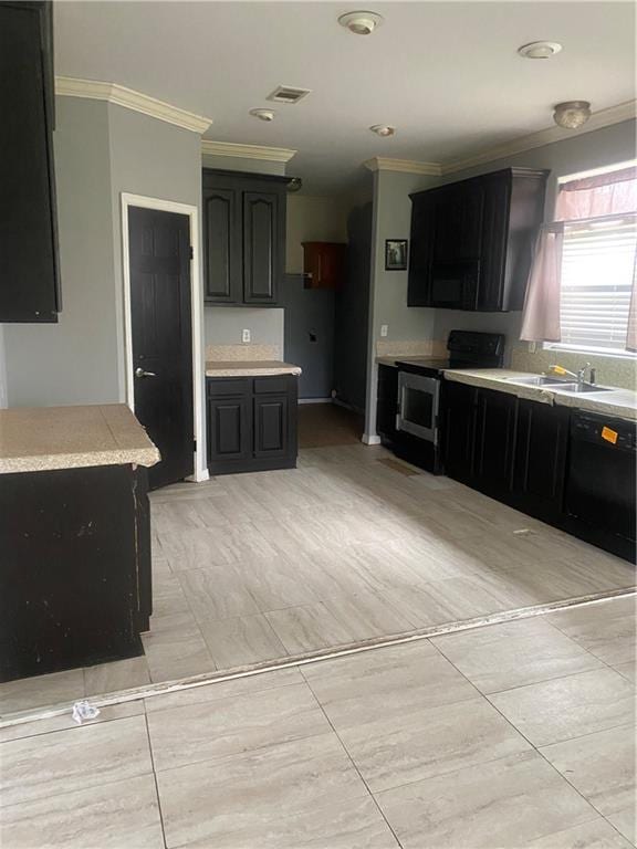 kitchen with electric stove, sink, ornamental molding, and black dishwasher