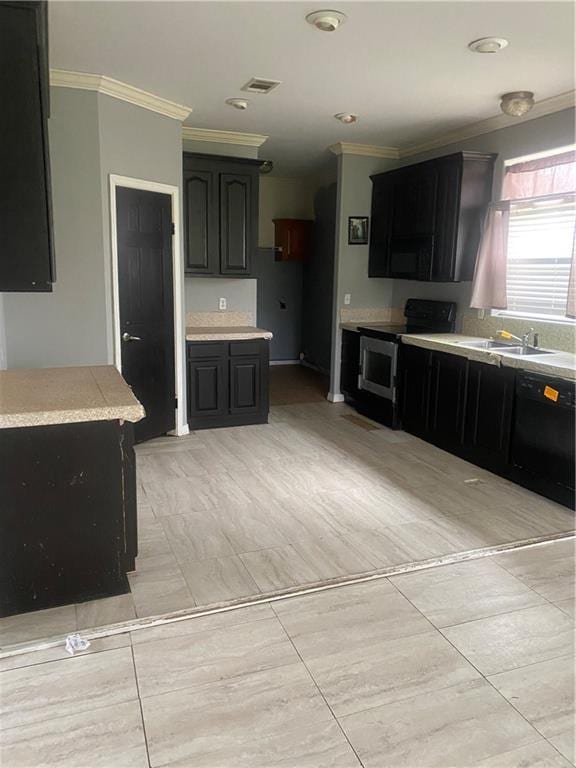 kitchen featuring visible vents, black dishwasher, a sink, dark cabinets, and electric range