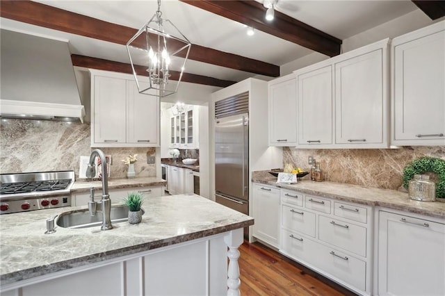 kitchen with sink, pendant lighting, white cabinets, custom exhaust hood, and appliances with stainless steel finishes