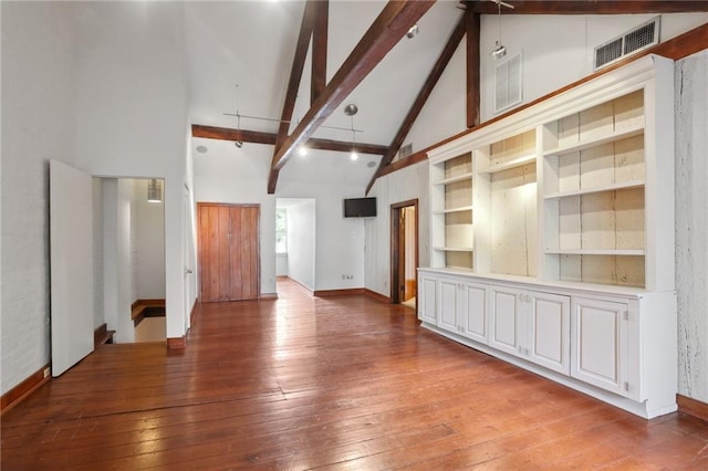 unfurnished living room with wood-type flooring, built in shelves, high vaulted ceiling, and beam ceiling