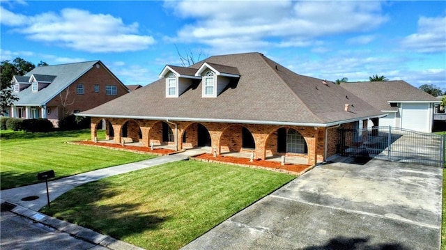 view of front of home with covered porch and a front lawn