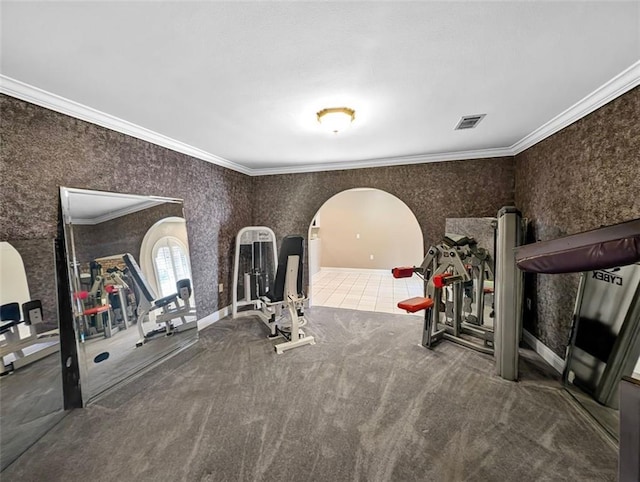 exercise area featuring carpet flooring and ornamental molding