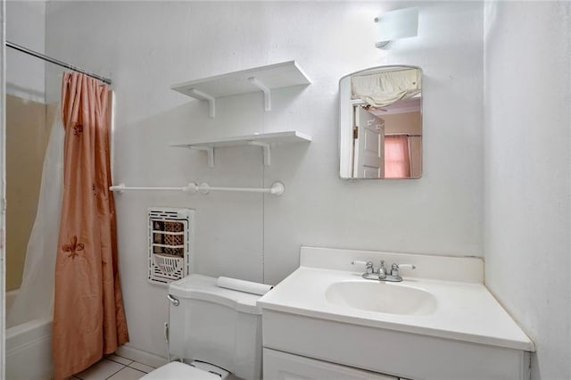 full bathroom featuring shower / bath combo, tile patterned flooring, heating unit, toilet, and vanity