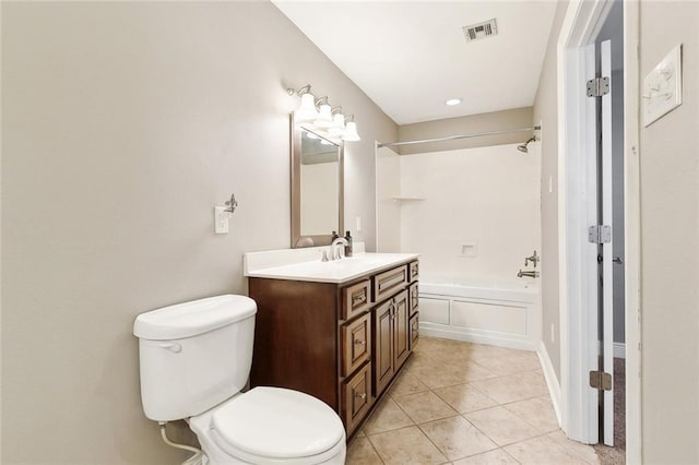 full bathroom with washtub / shower combination, tile patterned floors, vanity, and toilet