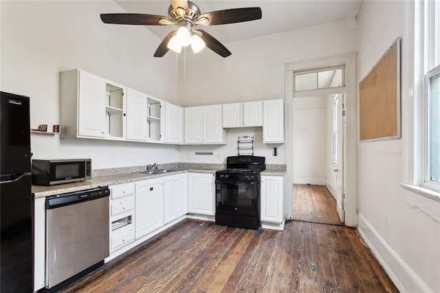 kitchen featuring white cabinetry, sink, ceiling fan, and black appliances