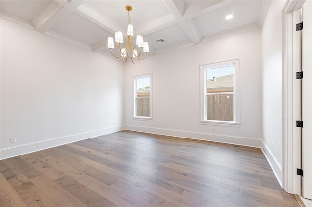 empty room with a chandelier, beamed ceiling, coffered ceiling, and wood-type flooring