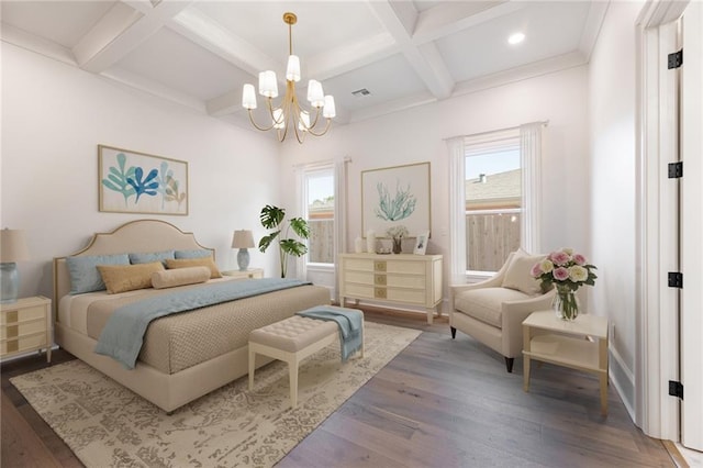 bedroom featuring hardwood / wood-style flooring, a notable chandelier, beam ceiling, and coffered ceiling