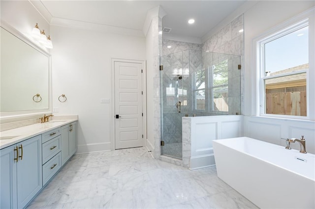 bathroom with separate shower and tub, crown molding, and vanity