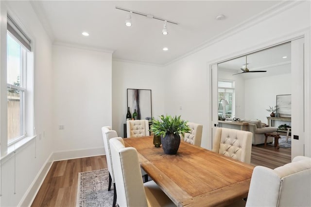 dining space with ceiling fan, dark hardwood / wood-style flooring, crown molding, and track lighting