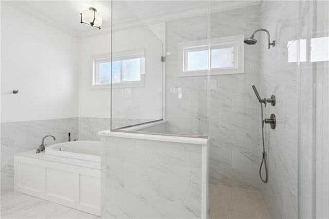 bathroom with plus walk in shower and crown molding