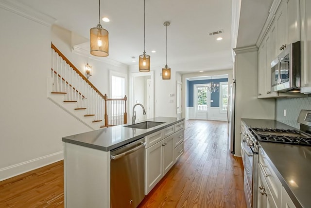 kitchen with an island with sink, sink, hanging light fixtures, light hardwood / wood-style floors, and stainless steel appliances