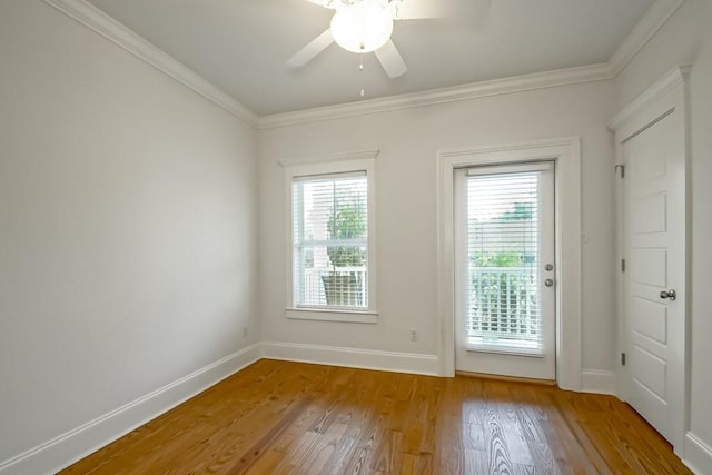 doorway to outside featuring crown molding, ceiling fan, plenty of natural light, and light wood-type flooring