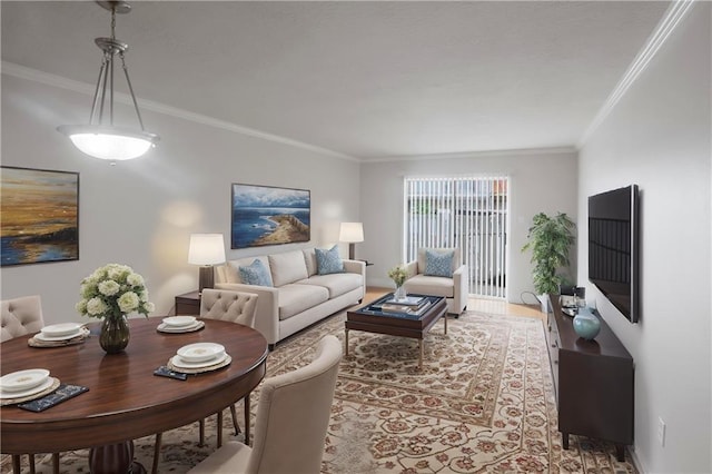 living room featuring crown molding