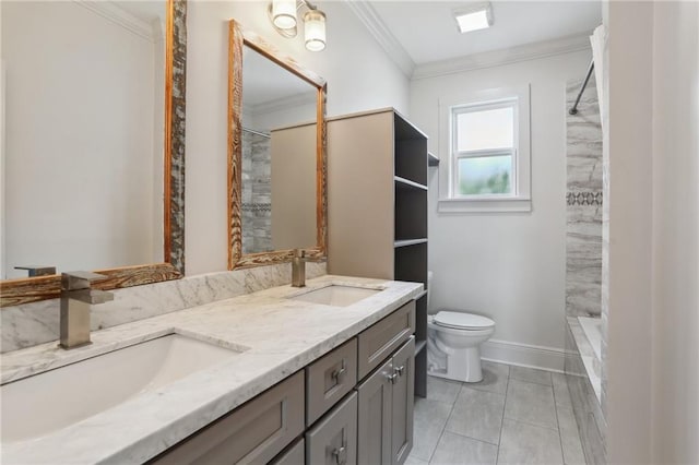 bathroom with toilet, a sink, ornamental molding, and double vanity