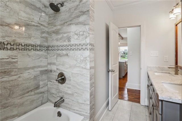 bathroom featuring double vanity, a sink, ornamental molding, and  shower combination