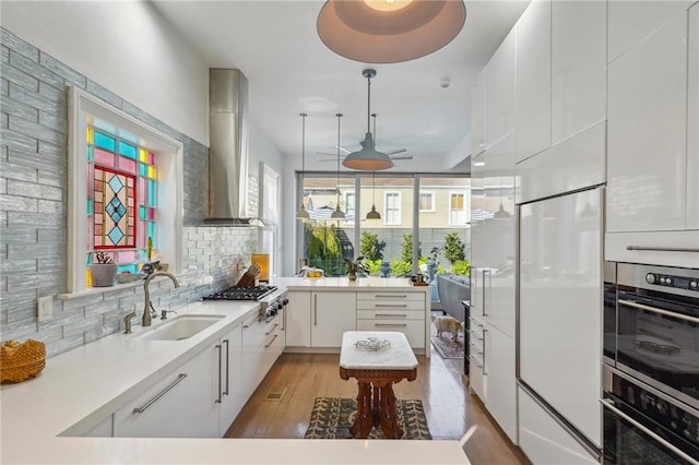 kitchen featuring white cabinets, wall chimney range hood, sink, tasteful backsplash, and stainless steel appliances