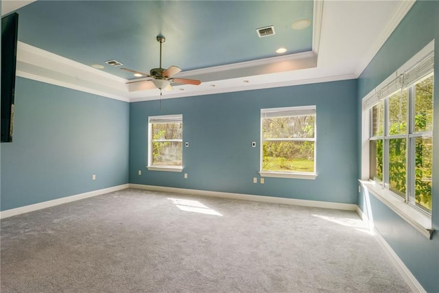 unfurnished room with carpet flooring, a tray ceiling, ceiling fan, and ornamental molding